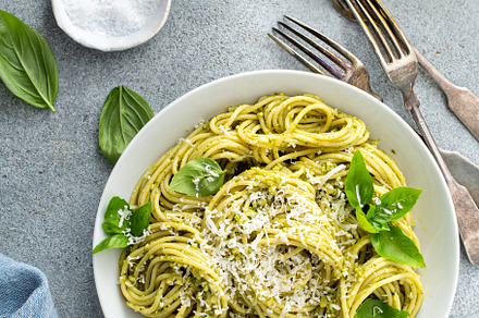 Basil pesto pasta with parmesan and olive oil