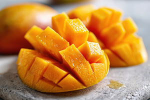 Fresh sliced mango on stone surface, a Food & Drink Photo by AlyaAnd