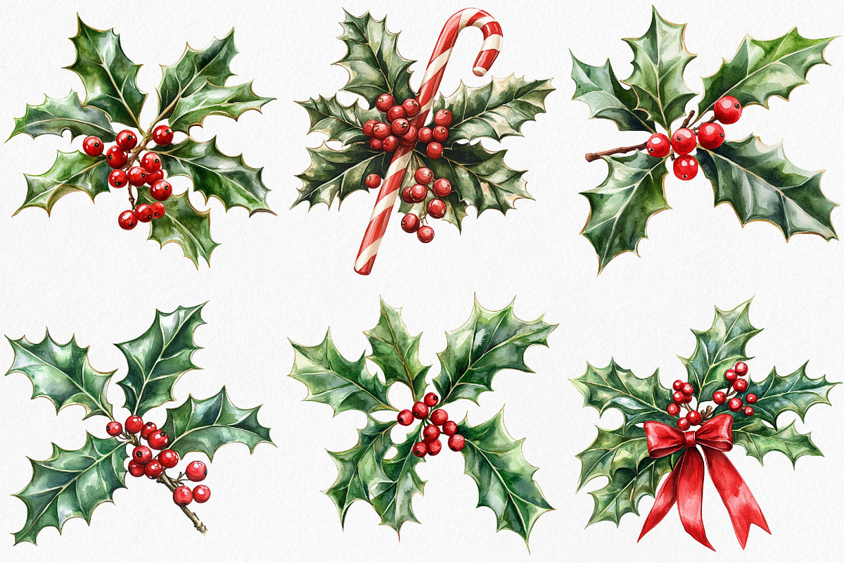 Watercolor Holly & Berries Clipart, an Illustration by Canvas Craft (Photo 3 of 8)