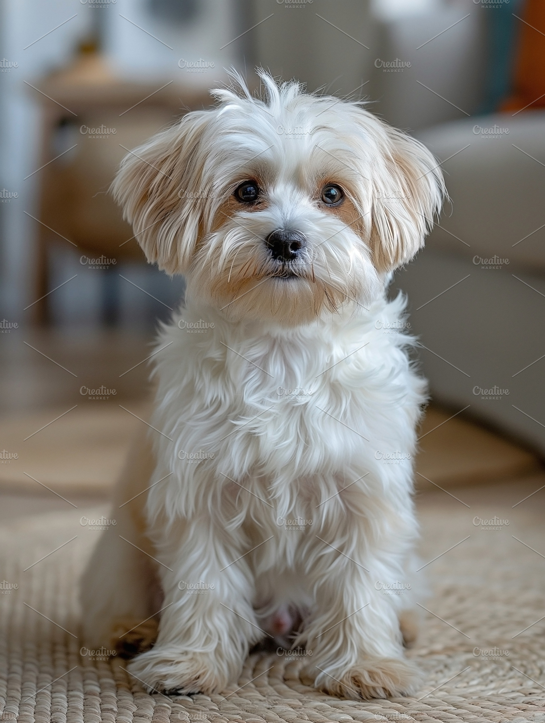 A fluffy, small dog sitting calmly on a textured rug, exuding an adorable charm, an Animal Photo by ImageMir