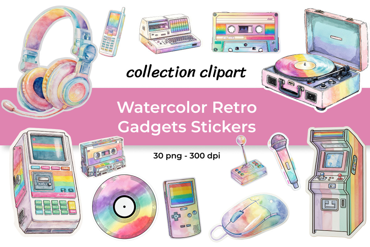Watercolor Retro Gadgets Stikers, a Decorative Illustration by InkyQueenArt (Photo 1 of 5)