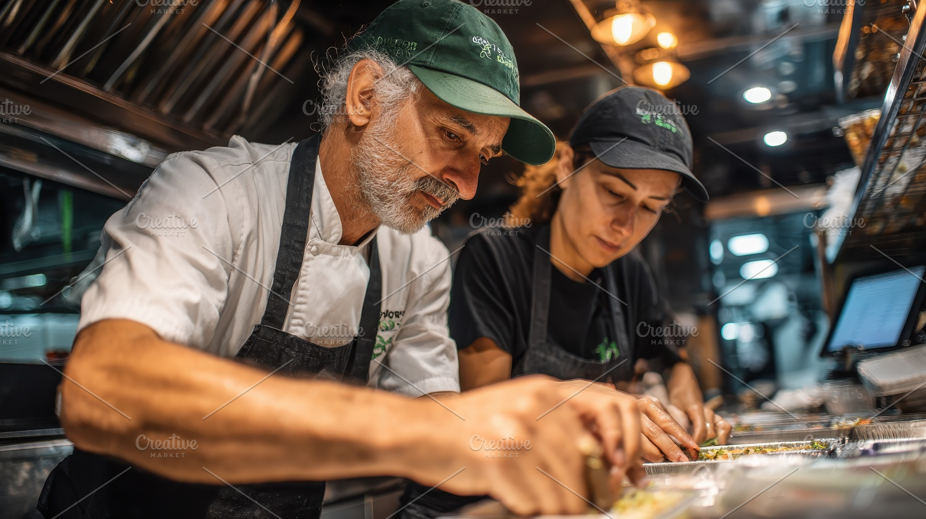 Chefs preparing food in a food truck, a Photo by Pixeness Studio