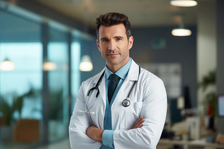 Male doctor, medical worker wearing uniform in a hospital