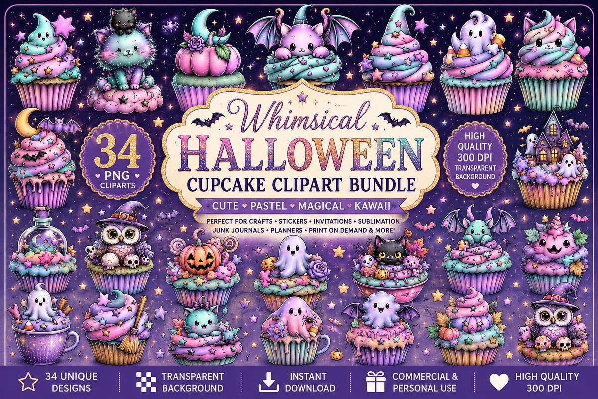 Whimsical Halloween Cupcake Clipart, a Seasonal Illustration by Creative Art (Photo 1 of 7)