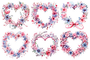 Watercolor Floral Hearts Clipart Set