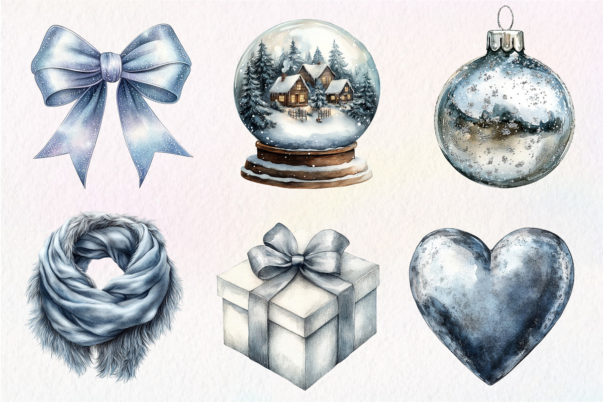 Silver Christmas Watercolor Clipart, an Illustration by Dream Creation (Photo 4 of 7)