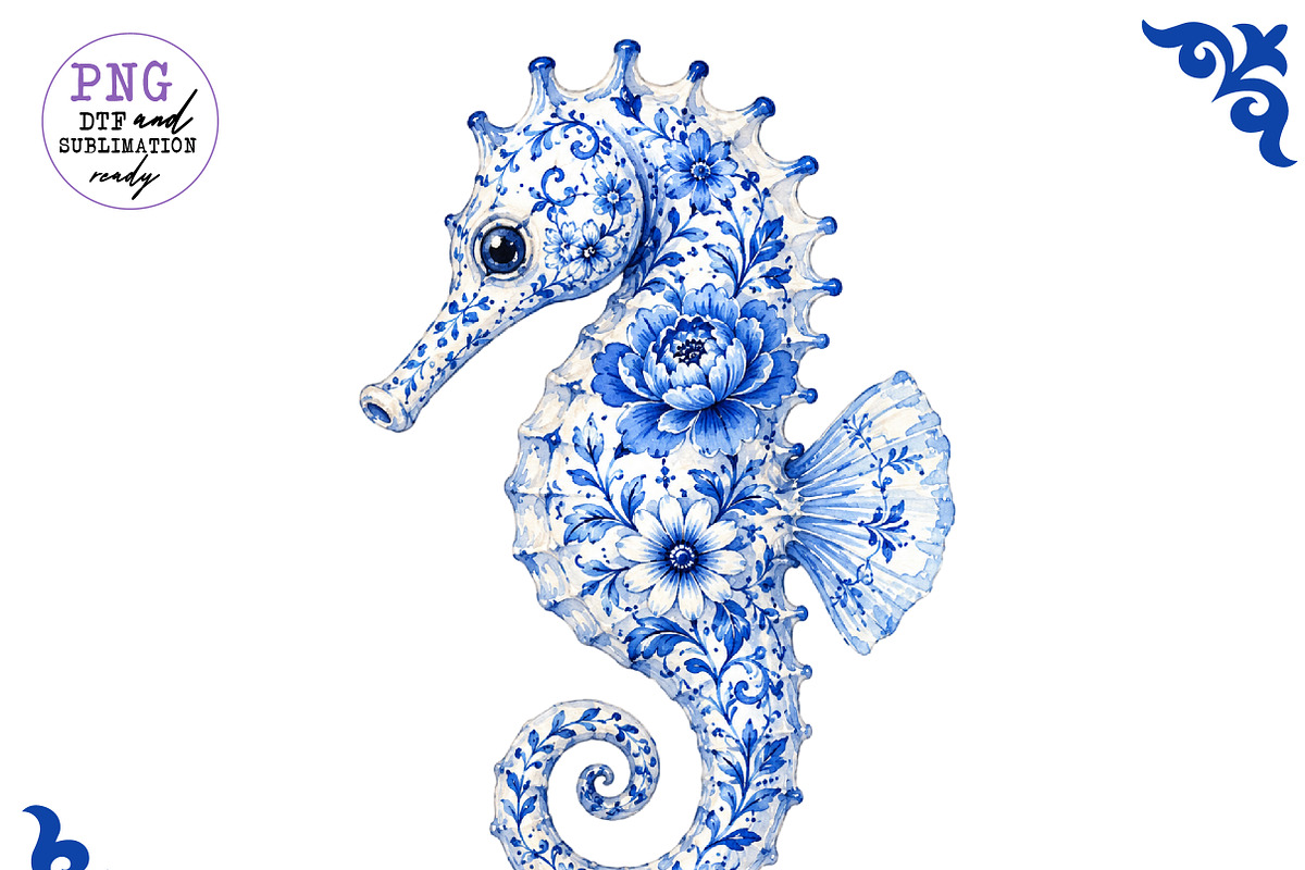 Chinoiserie Blue Sea Animals Clipart, a Work Illustration by CreationArt (Photo 8 of 11)