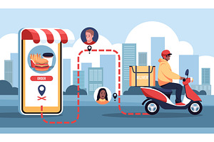 Food delivery service. Urban, a Transportation Illustration by YummyBuum