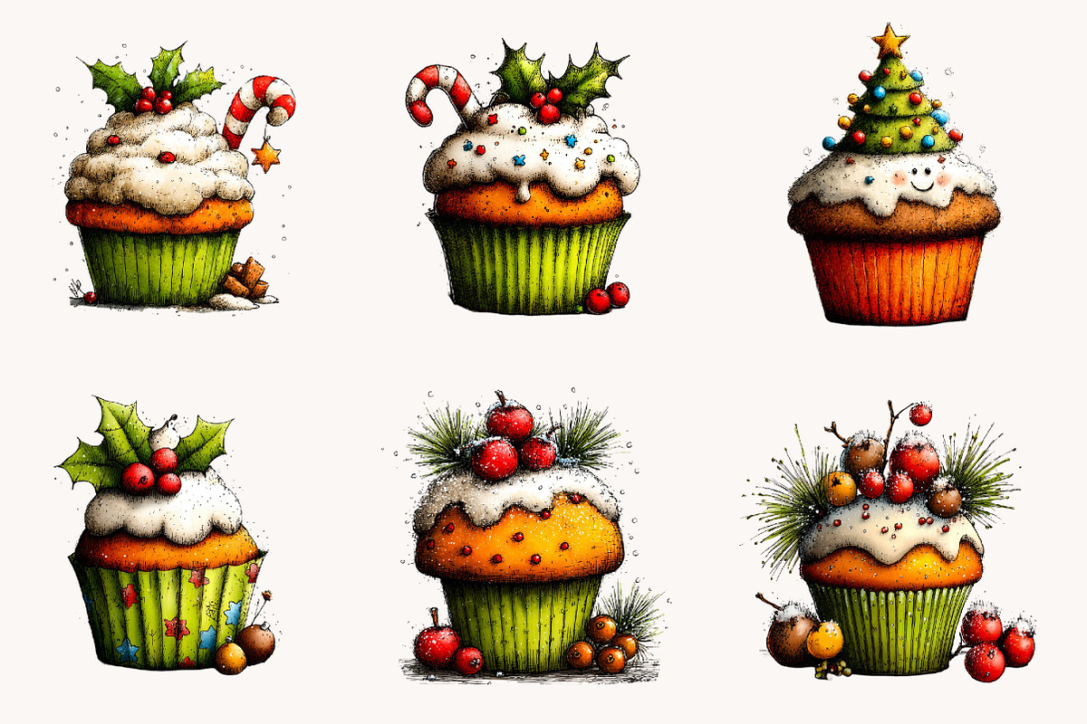 Whimsical Christmas cupcake Clipart, a Seasonal Illustration by Designworld (Photo 3 of 10)