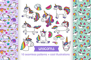 Unicorns: patterns and illustrations