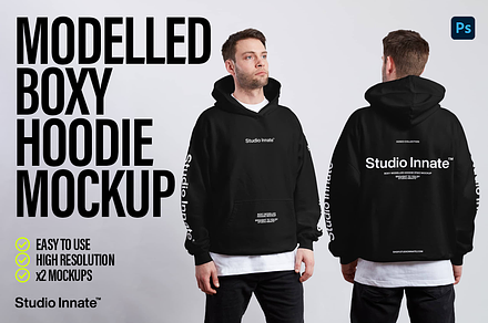 Modelled Boxy Hoodie Mockup, a Hoody Mockup by Studio Innate
