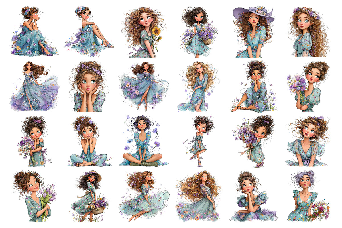Girls in Blue Floral Dresses Clipart, a Seasonal Illustration by Daily.Designs (Photo 2 of 3)