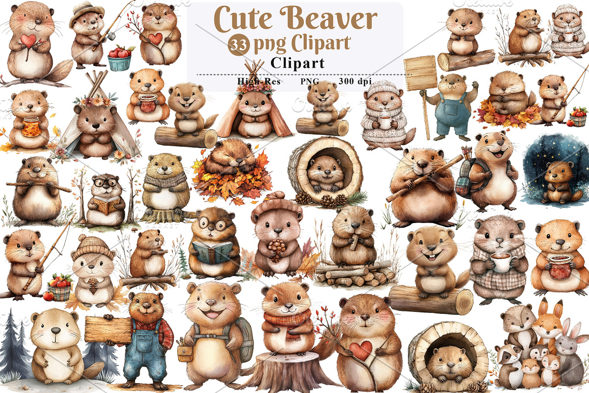 Cute Beaver Clip Art, Woodland Anima, an Illustration by Watercolor design (Photo 1 of 5)