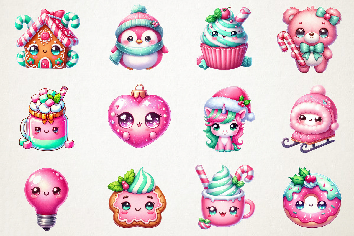 Kawaii Pink Mint Christmas Clipart, an Illustration by RobertsArt (Photo 7 of 7)