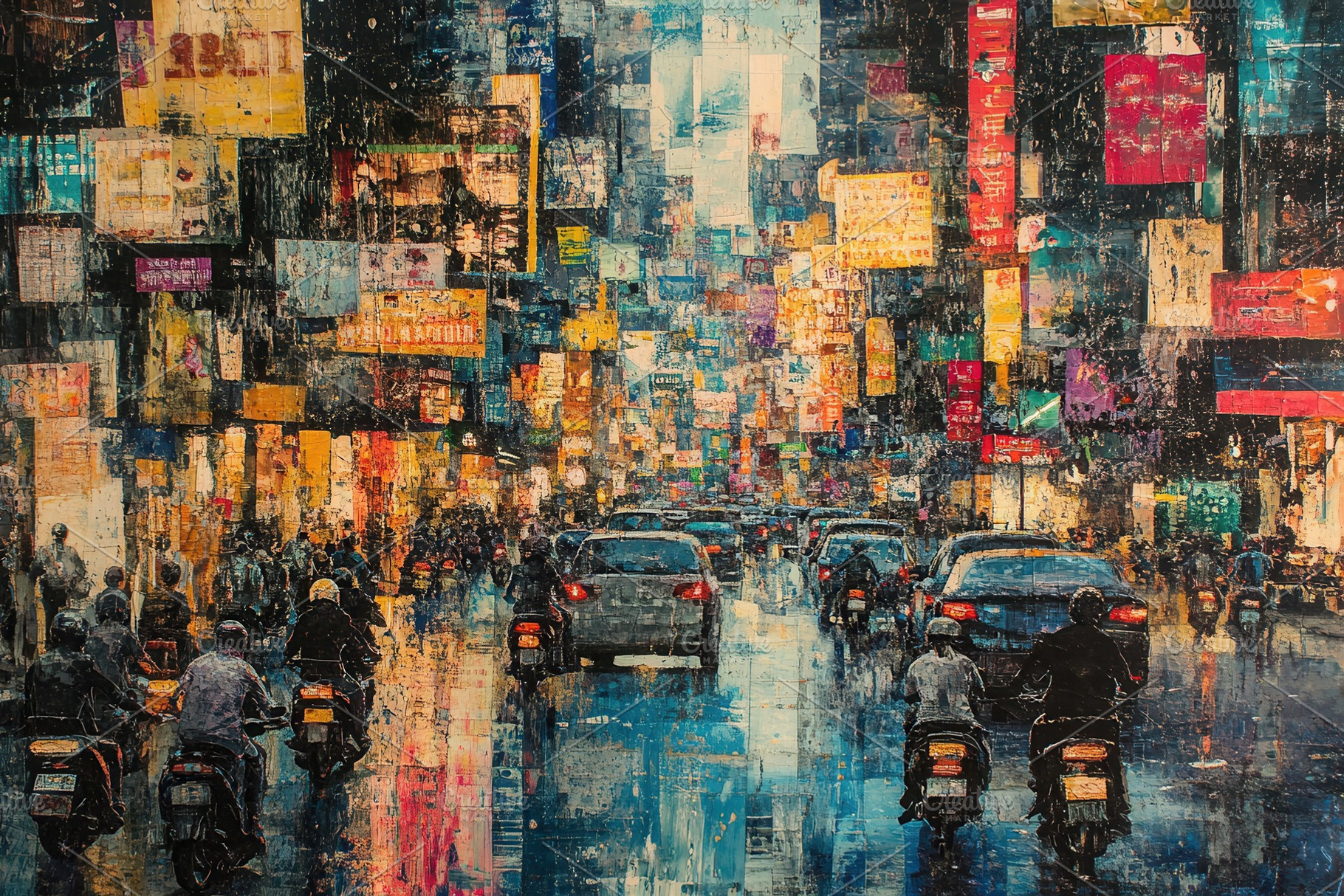 Sunset traffic on crowded street, a Photo by Pavel_design