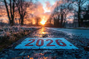 Close-up of 2026 road marking on wet asphalt with frosty grass a, an Abstract Photo by José Manuel Gelpi