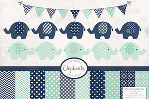 Navy & Mint Elephant Clipart, an Illustration by Amanda Ilkov