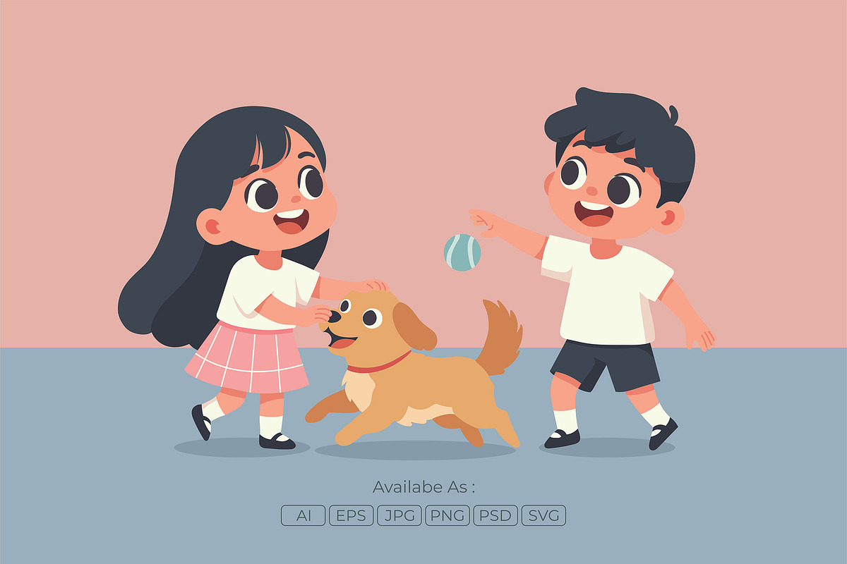 Happy Kids with Dog Playtime, an Animal Illustration by Partikusi Design (Photo 2 of 3)