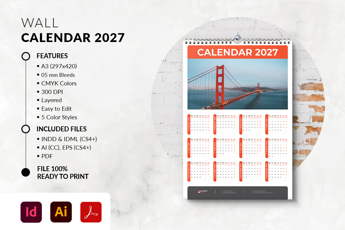 2027 Wall Calendar A3 Print Template, a Stationery Template by MstArtwork (Photo 5 of 5)