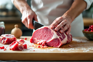 Chef Cutting Fresh Meat on Wooden Bo, a Food & Drink Photo by Stock Shape
