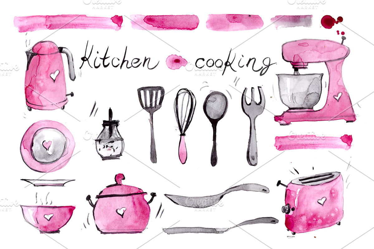 Watercolor tableware. retro crockery, an Illustration by Olesya Morokhovets