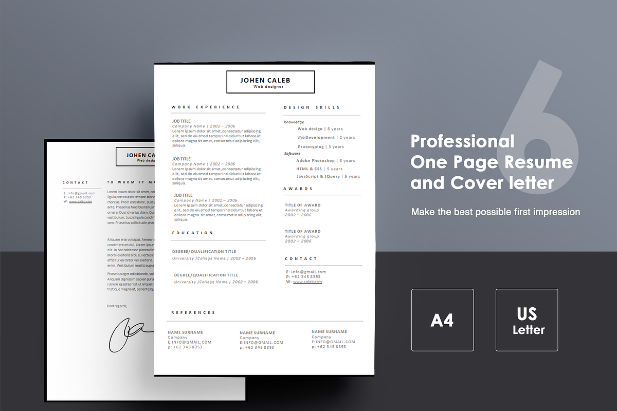 One page Resume CV + cover letter 6, a Resume Template by UX Design Mastery Shop (Photo 1 of 4)