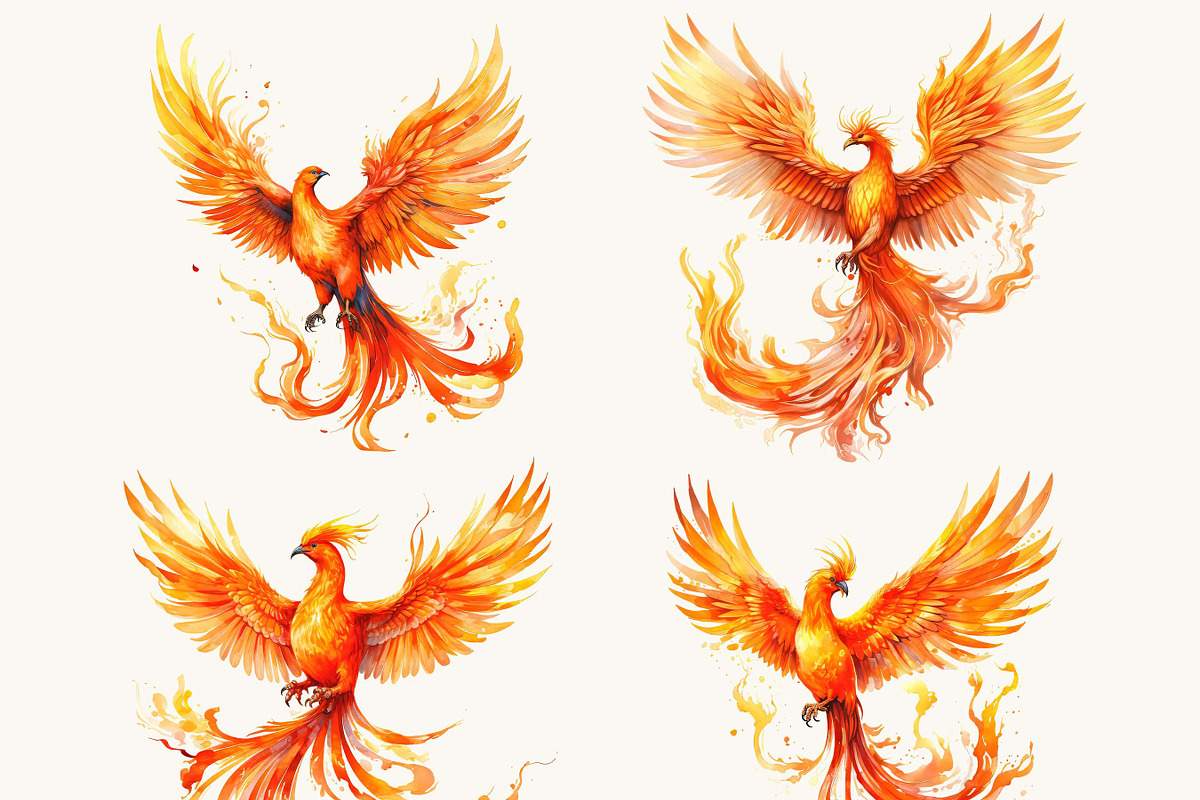 Watercolor Phoenix Clipart Bundle, an Animal Illustration by BusyDaydesign (Photo 5 of 8)