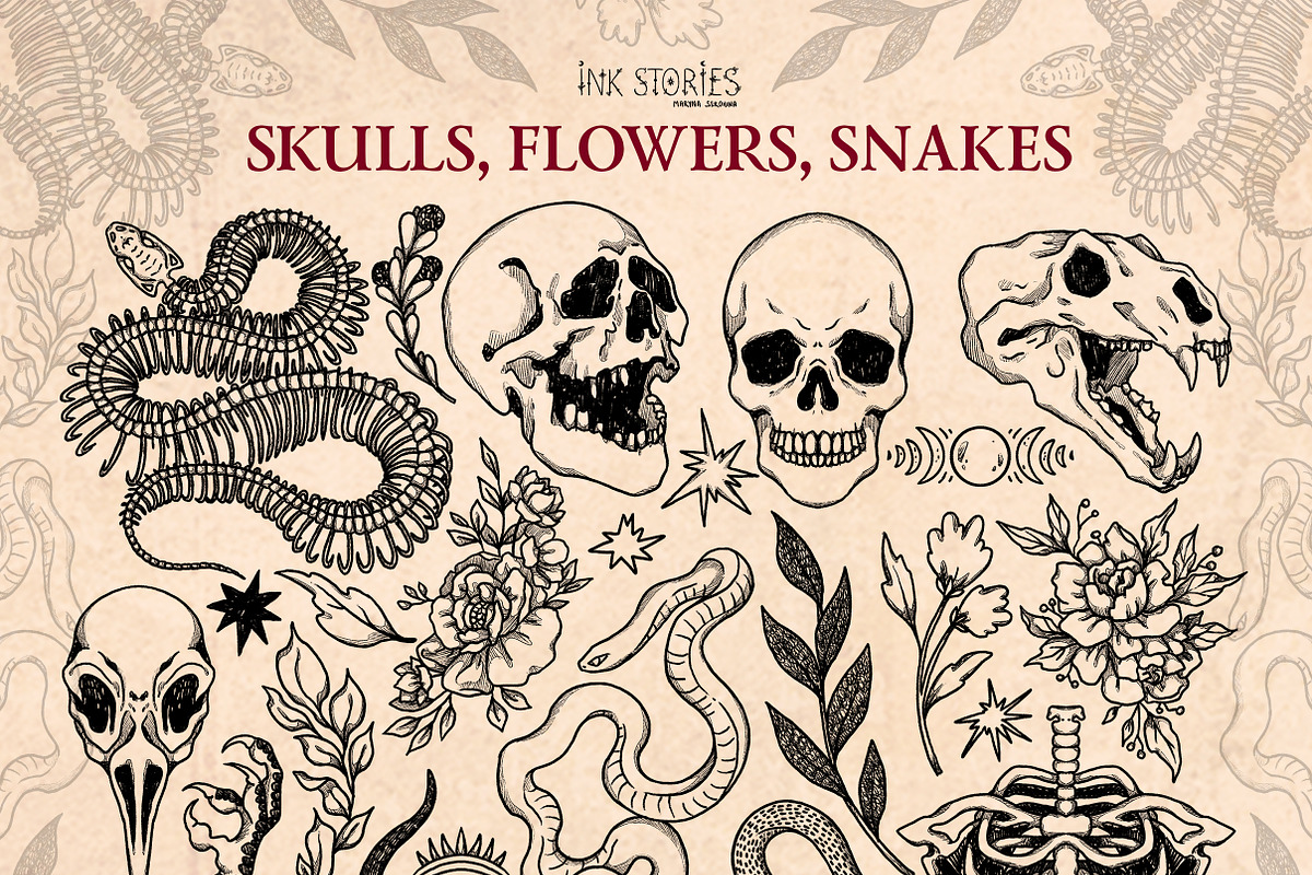 Skulls, Flowers and Snakes | Vintage, a Decorative Illustration by Ink Stories (Photo 3 of 12)