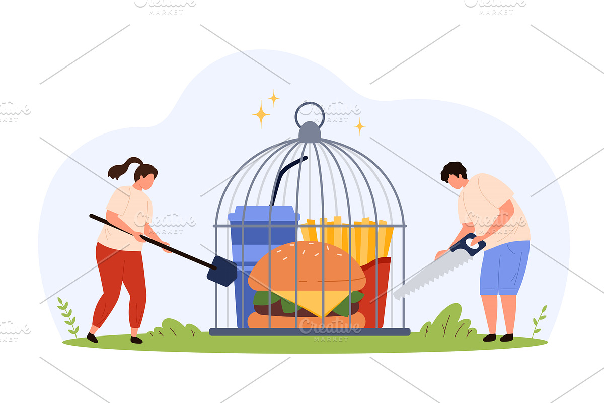 People breaking free from junk food, a Food Illustration by Flashvector