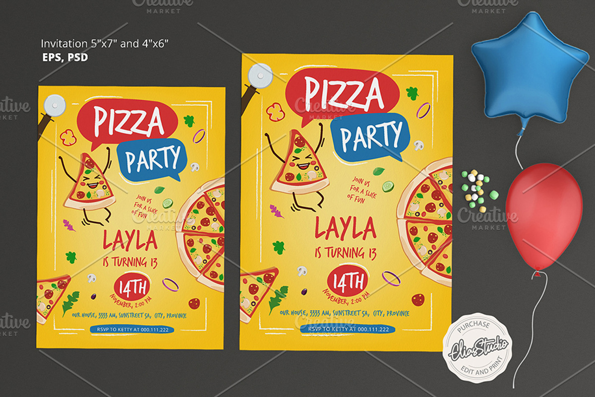 Pizza Birthday Party Invitation, an Invitation Template by El-Studio (Photo 2 of 3)