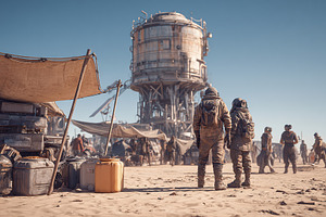 Explorers approach a futuristic settlement in a desert landscape under clear bl, a Photo by AlyaAnd