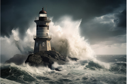 Ocean storm at lighthouse. Generate, a Nature Photo by Ylivdesign