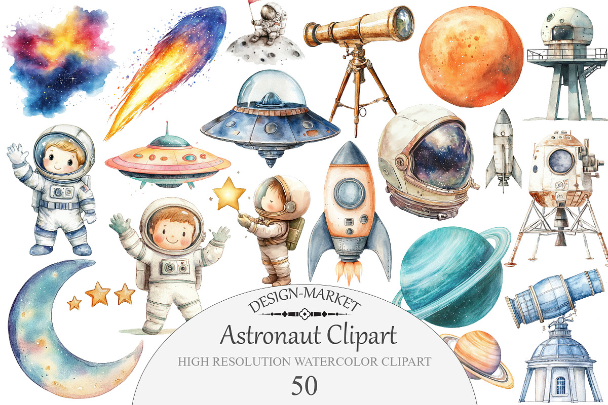 Watercolor Astronaut Clipart Set, an Illustration by Design Market (Photo 1 of 5)