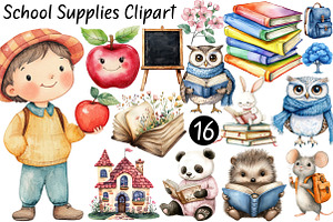 Watercolor School Supplies Clipart, a Seasonal Illustration by CitraGraphics