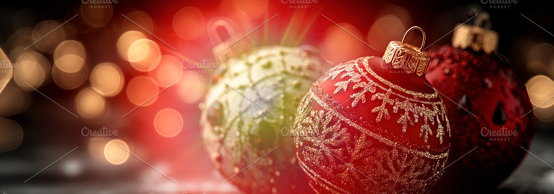 Closeup of glittering Christmas ornaments with festive red and g, a Holiday Photo by José Manuel Gelpi