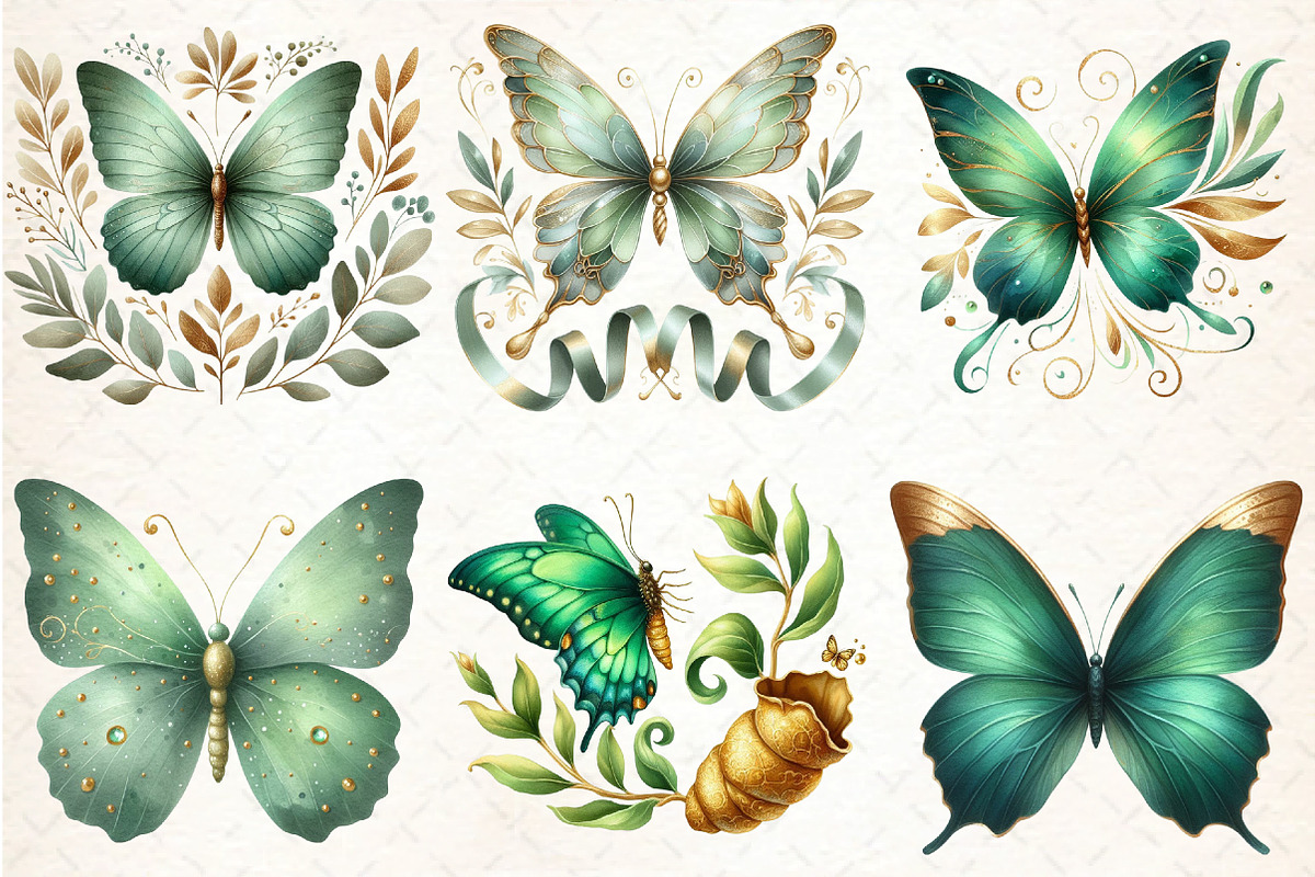 Green Gold Butterflies Clipart, an Illustration by DreamCafeArt (Photo 2 of 6)