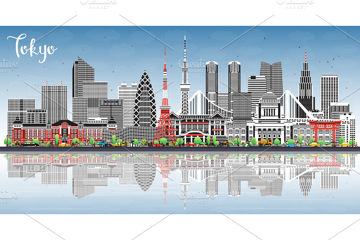 Tokyo Japan city skyline with color, an Illustration by Booblgum