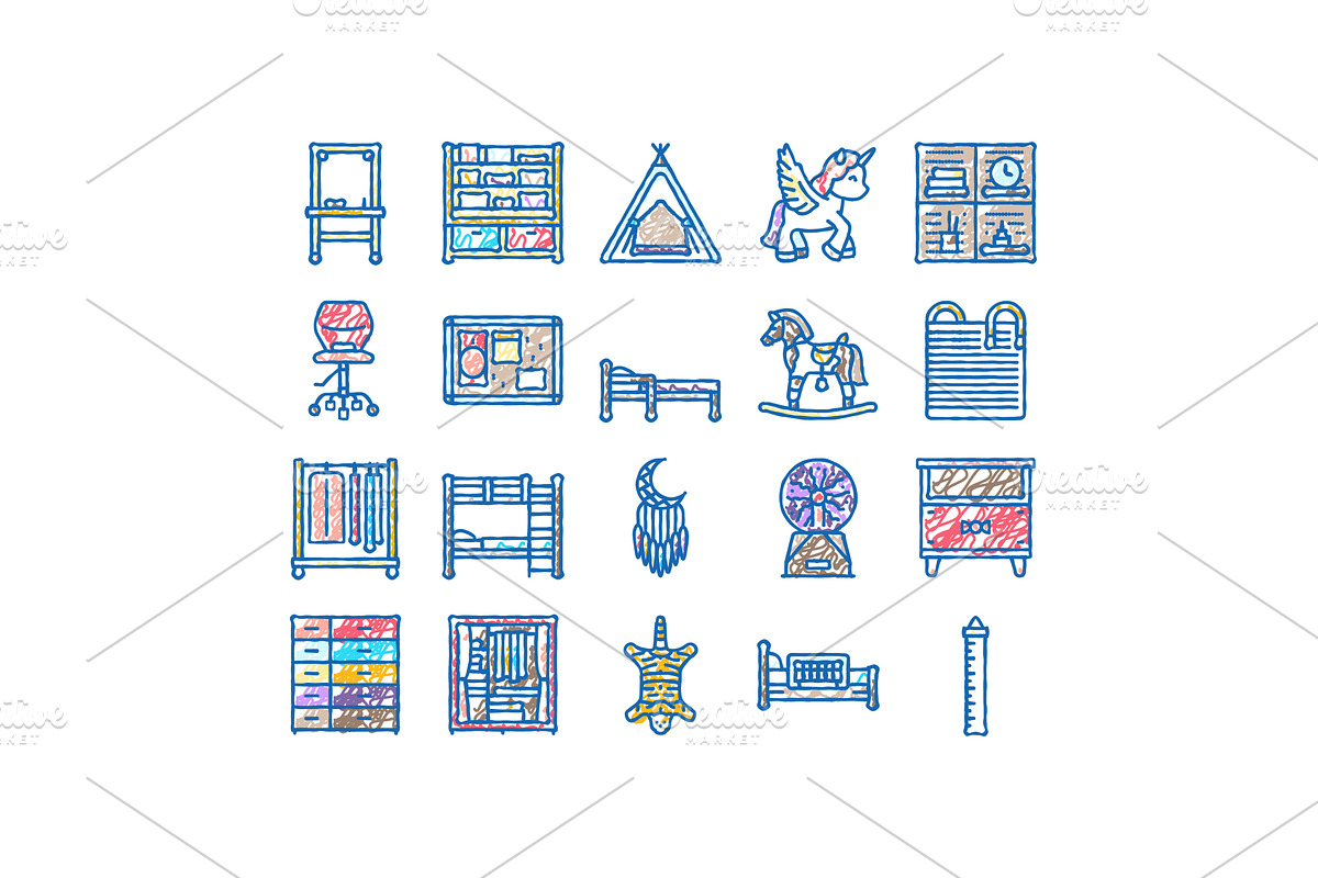 kid bedroom room interior icons hand, an Object Illustration by pikepicture