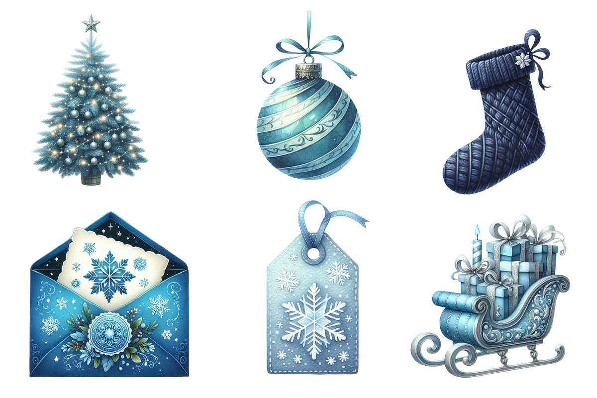 Watercolor Blue Christmas Clipart, an Illustration by CreationArt (Photo 4 of 10)