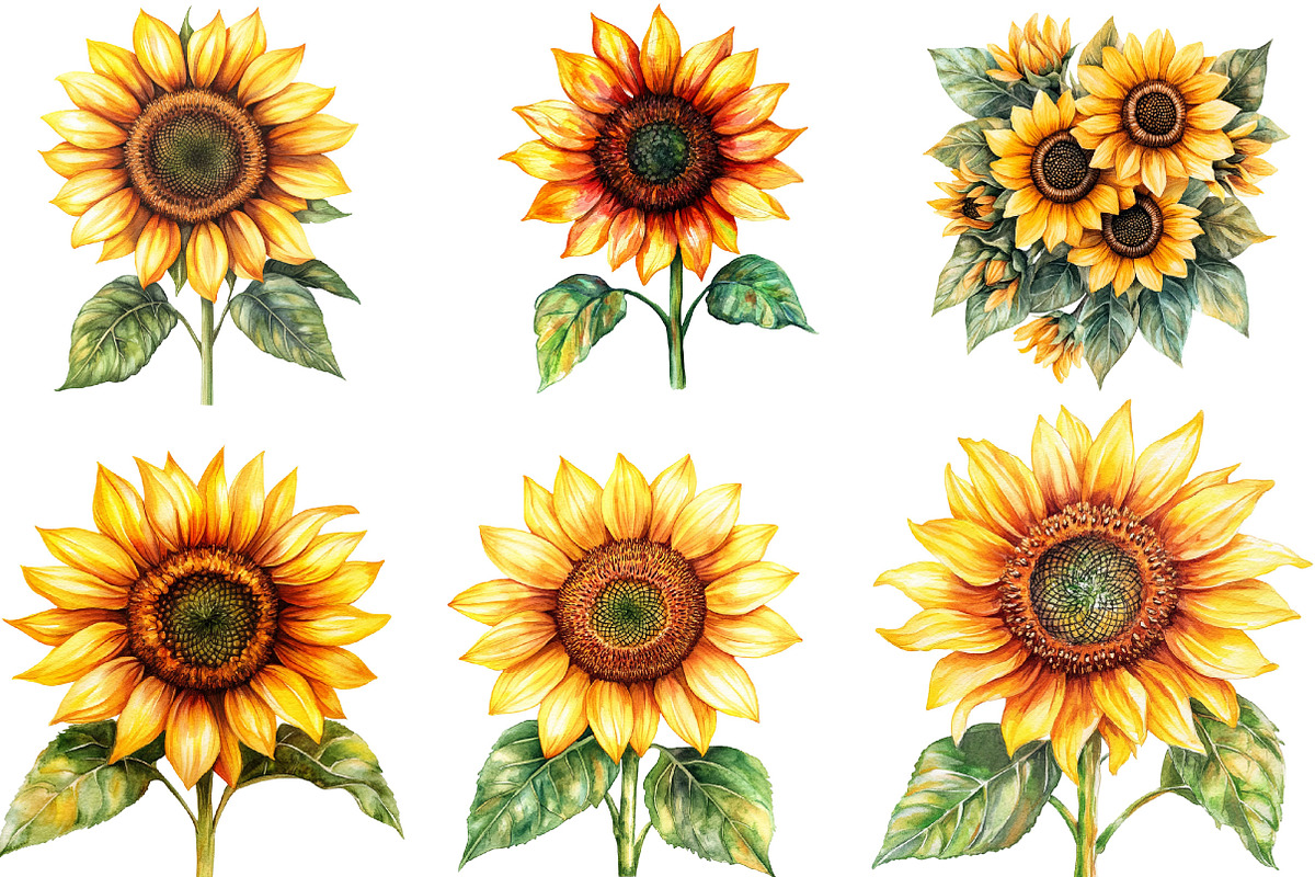 Watercolor Sunflower Clipart Bundle, an Illustration by Designking (Photo 5 of 6)