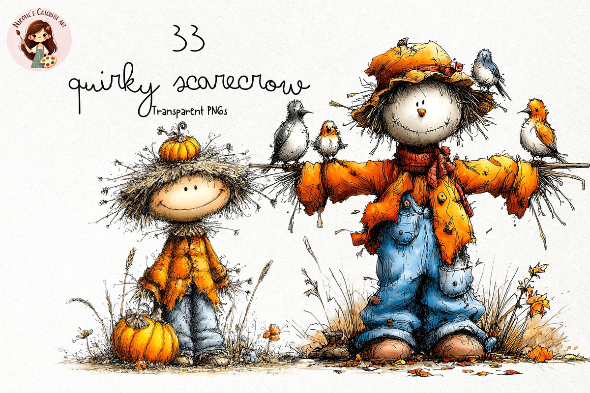 Quirky Scarecrow PNG Clipart, a Seasonal Illustration by Nicolle's Colorful Art (Photo 1 of 4)