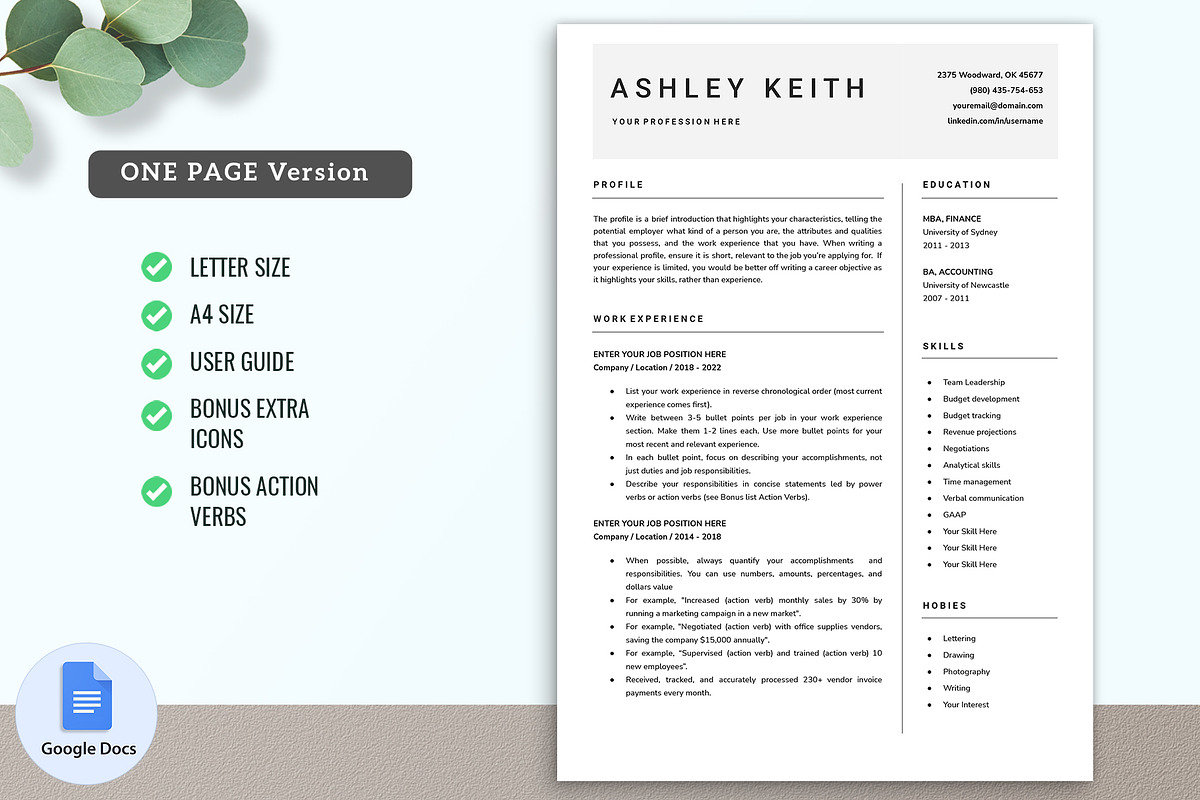 Google Docs Resume CV Template 05, a Resume Template by GResume (Photo 2 of 8)