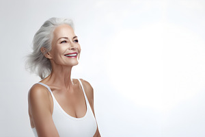 Happy positive old woman smiling. Stylish mature middle aged model, grey hair, a Person Photo by Lenor4ik