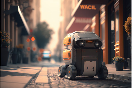 Self driving devivery robot on city, a Transportation Photo by Sergey Mironov's store