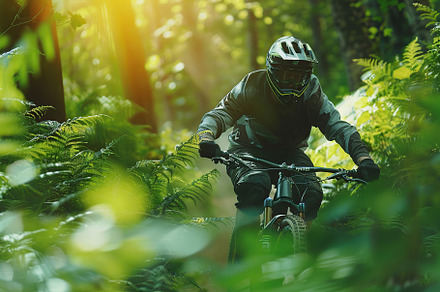 Cyclist on mountain bike riding on a bike on forest path, a Sports & Recreation Photo by AlyaAnd