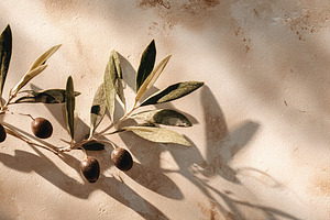 Fresh olive branch with ripe olives on a textured, sunlit wall., an Animal Photo by Ales Munt
