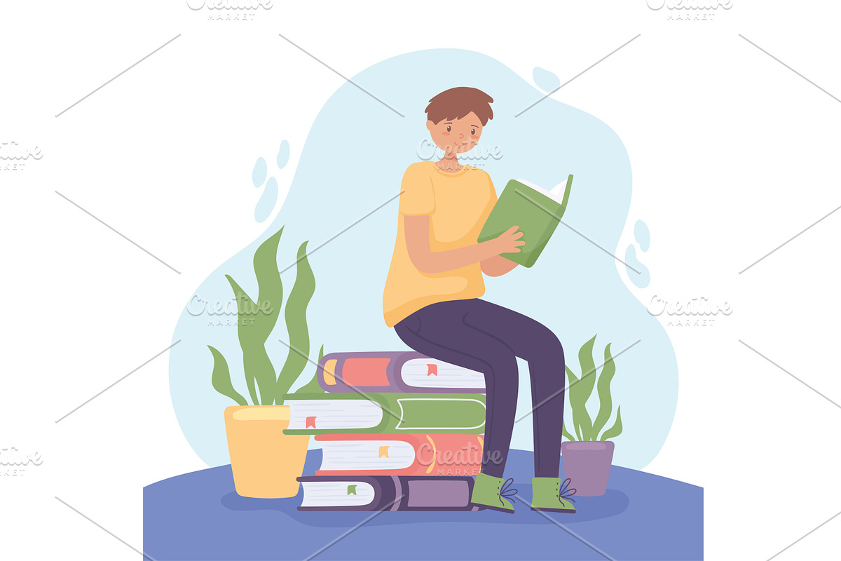 boy sitting reading a book, a Person Illustration by studiogstock