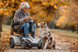 Elderly woman on mobility scooter wi, a Photo by Pixeness Studio