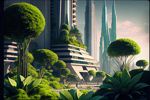 Futuristic Cityscape Eco Green City Skyscrapers Downtown