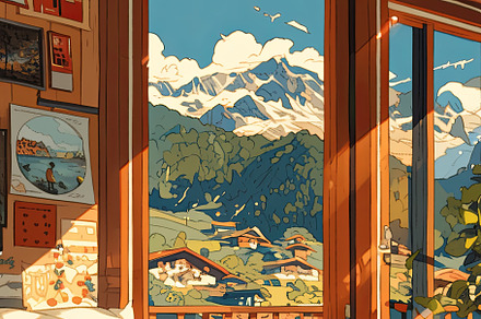 Man relaxing in bed with a scenic mountain view, an Illustration by AS photostudio